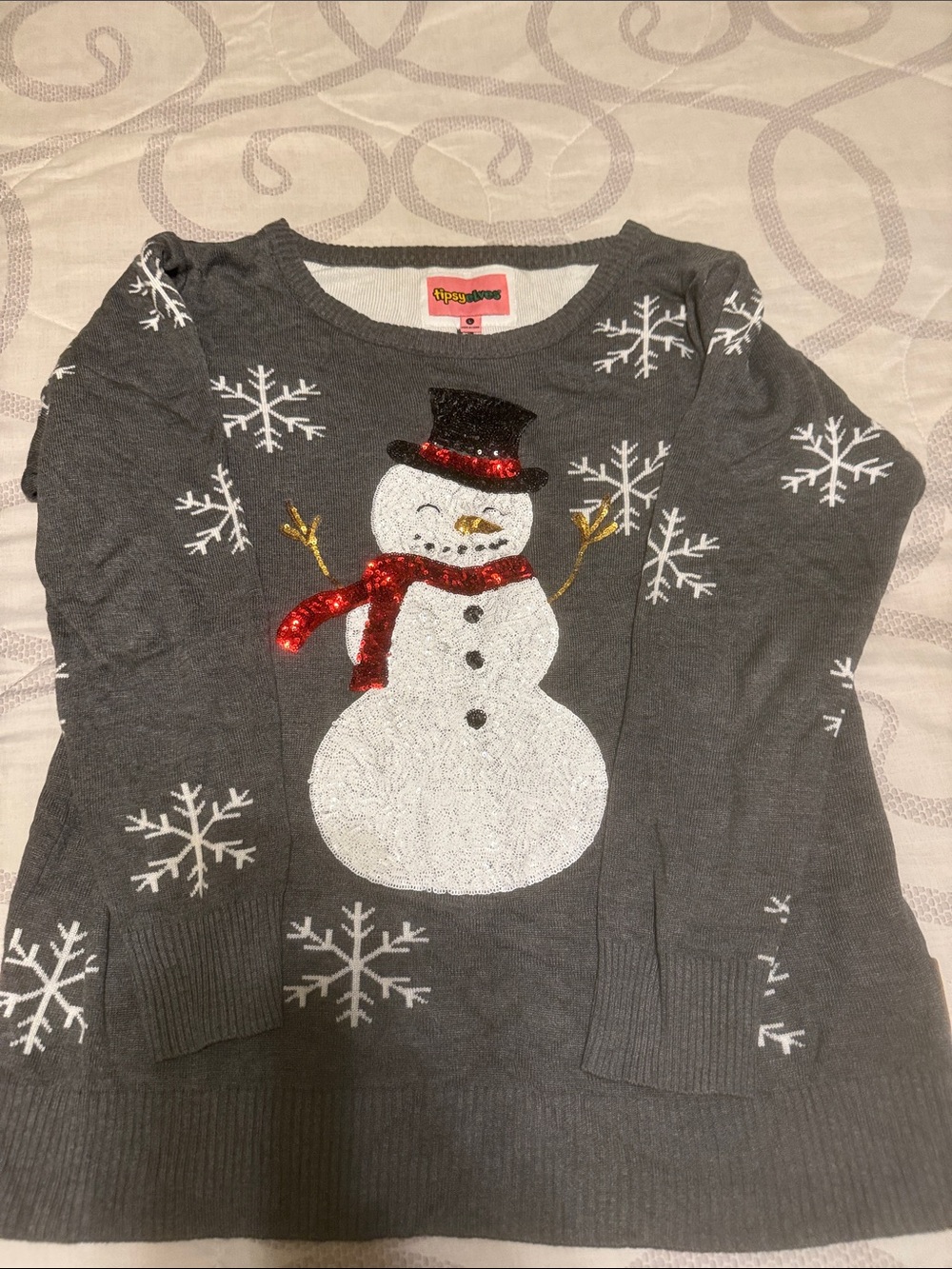 Tipsy Elves Gray Snowman Sequin Holiday Sweater